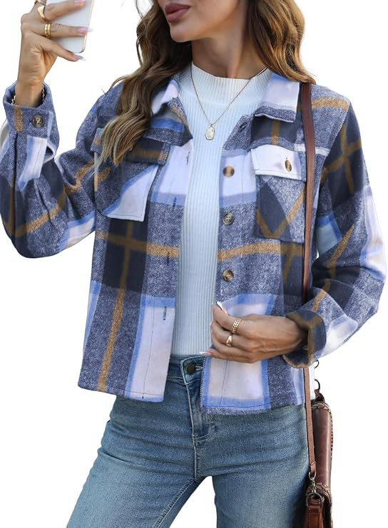 HWOKEFEIYU Fall Flannels for Women Cropped Shacket Jacket Plaid Long Sleeve Button Down Shirt 202... | Amazon (US)