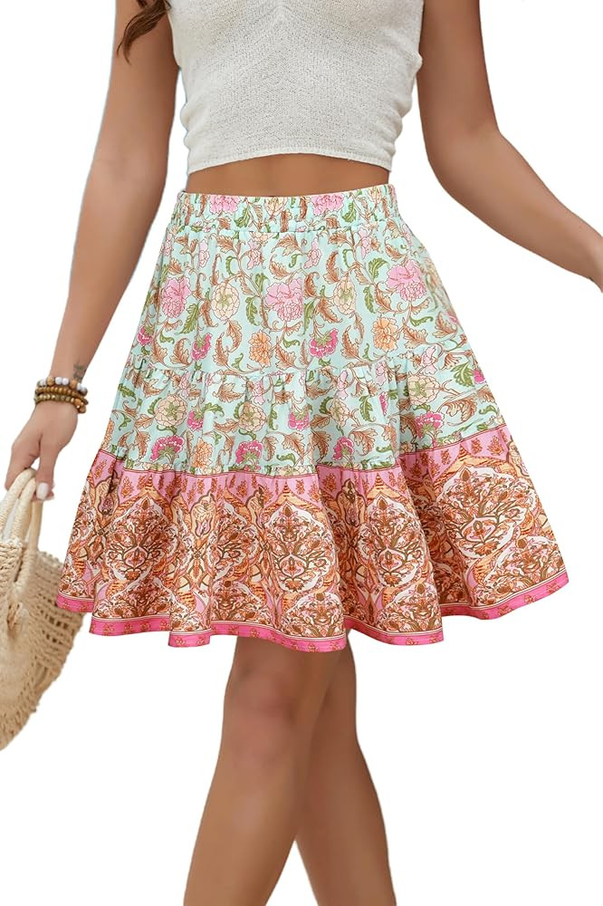Women Floral Print High Waist Elastic A line Mini Skirt Bohemian Style | Amazon (US)