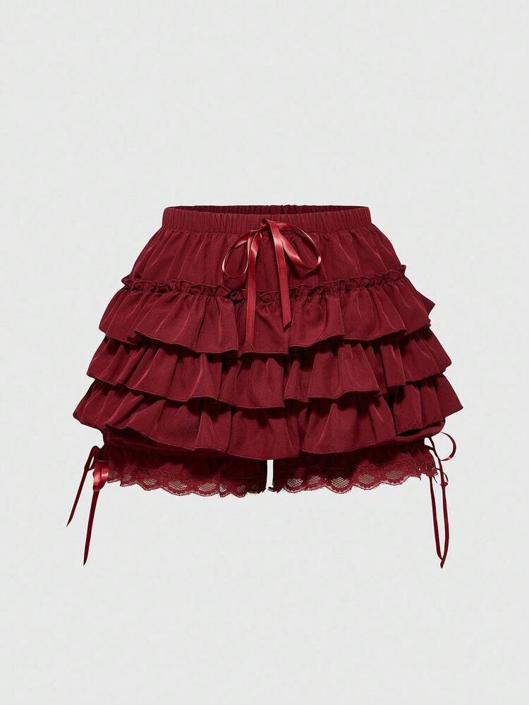 ROMWE Kawaii Spring/Summer Valentine's Day Women's Lace Patchwork Red Shorts With Tie | SHEIN