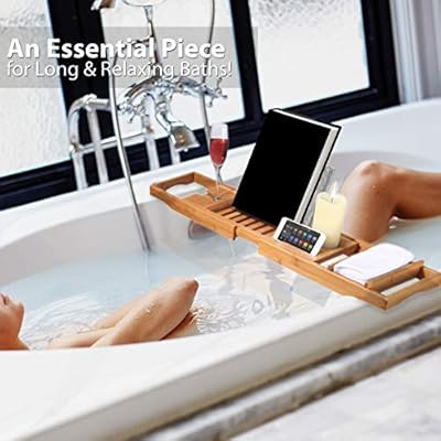 Luxury Bamboo Bathtub Caddy Tray - Adjustable Natural Wood Bath Tub Organizer with Wine Holder, C... | Amazon (US)