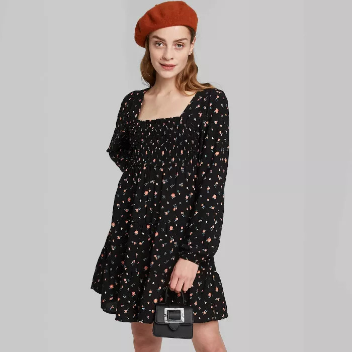 Women's Floral Print Long Sleeve Square Neck Smocked Top Babydoll Mini Dress - Wild Fable™ Blac... | Target