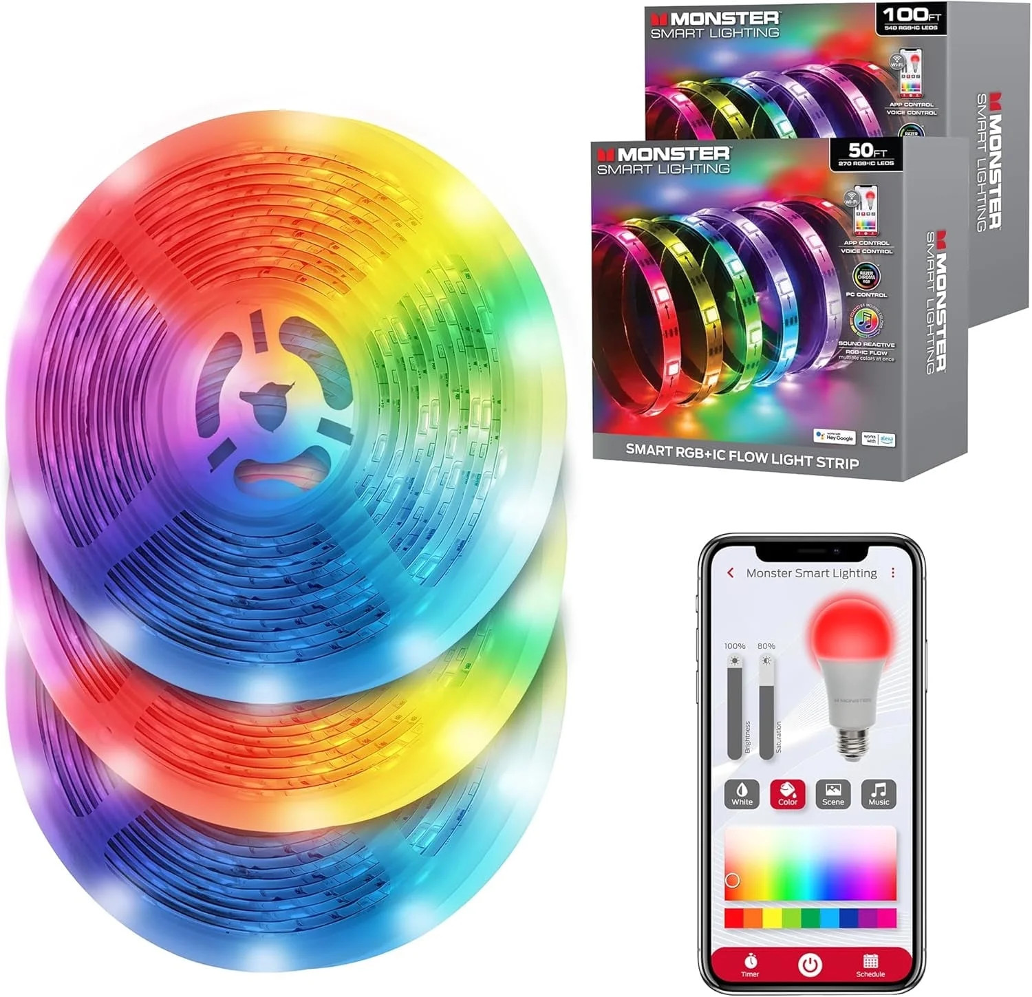 Monster Smart Lighting Indoor LED Strip Lights, RGBIC Multicolor Flow LED Lights, 150’ | Walmart (US)