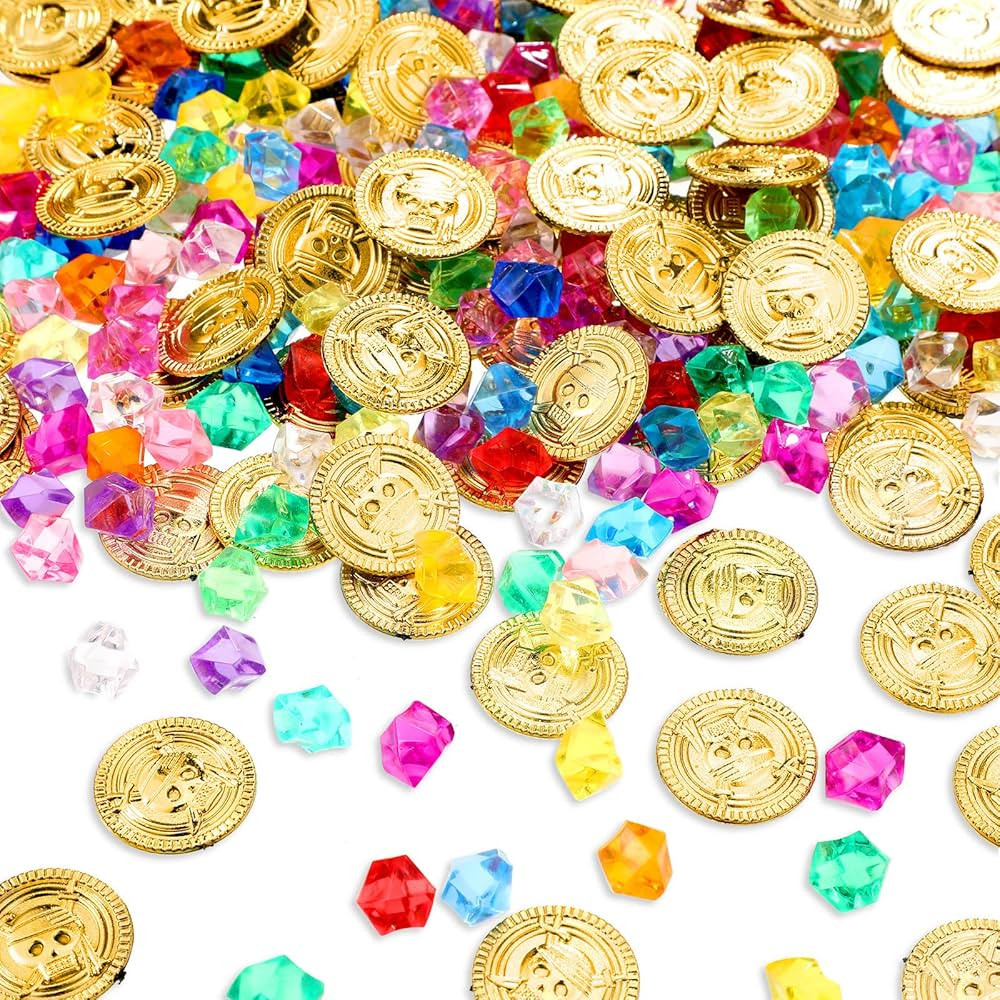Pirate Treasure 100 Pieces Gold Coins and 100 Pieces Gem Jewelry Treasure Fake Gold Coins Toys fo... | Amazon (US)