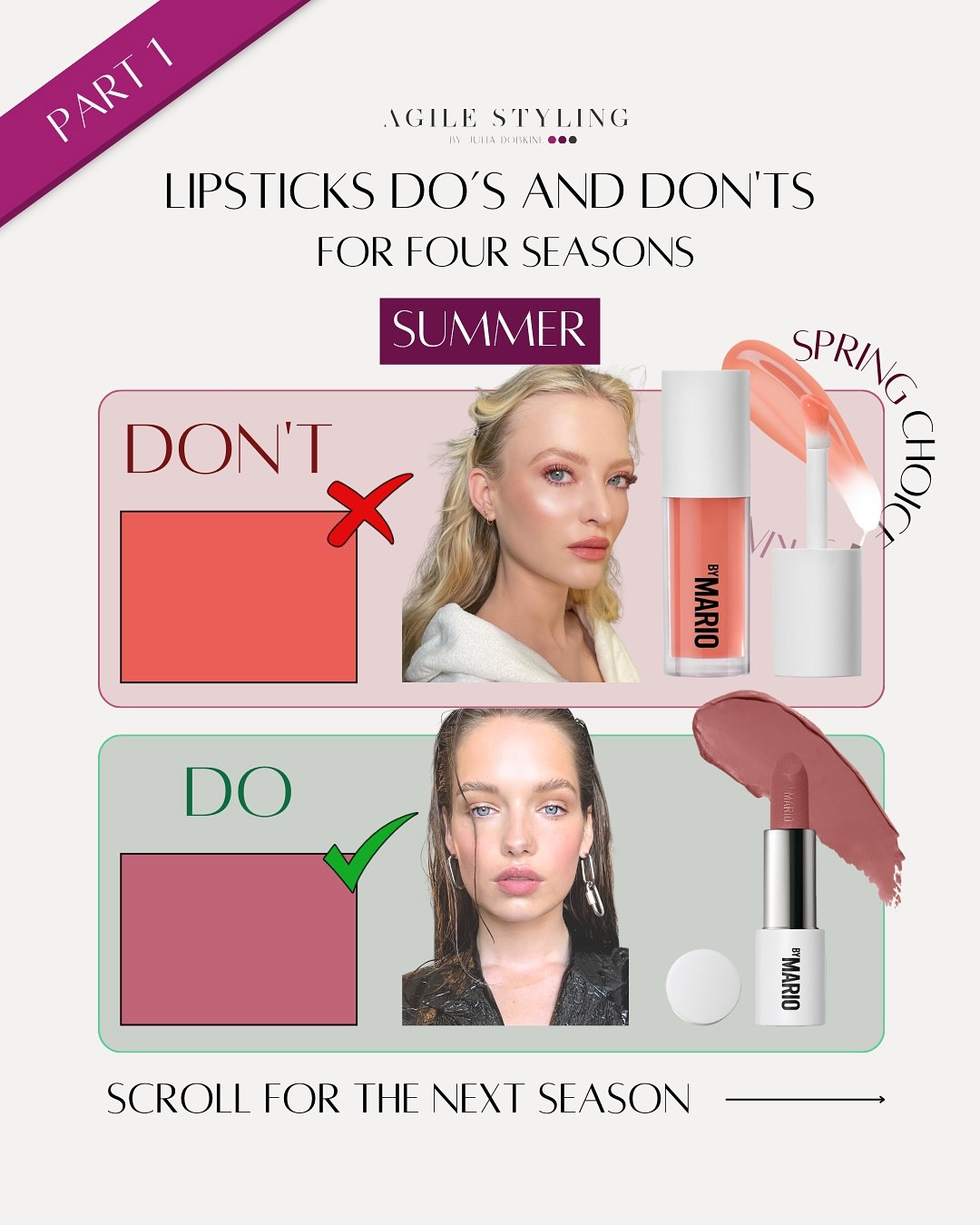 💄 Lipsticks: Do’s & Don’ts for Your Season – Part 1

Did you know the right lipstick finish can completely transform your look? While glossy finishes work best for spring and winter, enhancing brightness and clarity, matte finishes are ideal for autumn and summer, adding depth and richness ✨

Here’s a quick guide:
✅ Spring & Winter: Glossy, vibrant, high-shine shades 💋
✅ Autumn & Summer: Matte, deep, soft-focus hues 💄

Choosing the right shade is just as important as the FINISH! If your lipstick feels off, it’s likely a mismatch for your undertones. Don’t settle for colors that dull your glow—enhance it!

👉 Need help finding your perfect lipstick? Book your color analysis today! Link in bio.

❤️‍🔥 Shop for your colors on my LTK store with the link in bio

🤩 And let me know your guesses on this little quiz! Results are in the stories 🤫

#lipstickguide #coloranalysis #perfectshade #makeuptips #beautythatsuitsyou