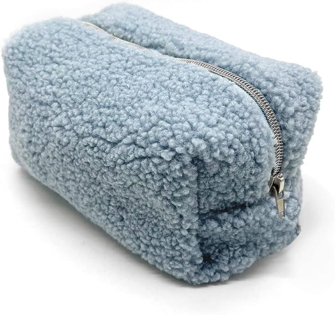 Checkered Makeup Bag, Blue Plush, Fluffy, Zippered, Portable Skincare Storage Bag, Fashionable Co... | Amazon (US)