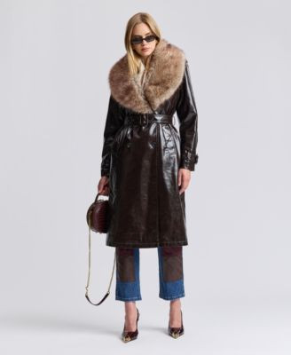 Avec Les Filles Women's Pleather Trench Coat with Fur Collar - Dark Brown | Macy's