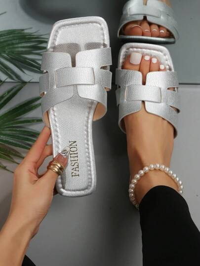 Women Metallic Cut Out Slide Sandals, Glamorous Summer Flat Sandals | SHEIN
