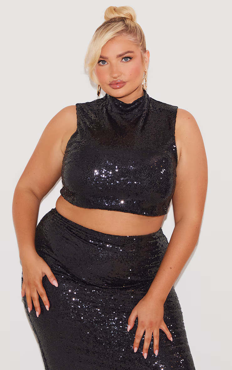 Plus Black Sequin High Neck Crop Top | PrettyLittleThing US