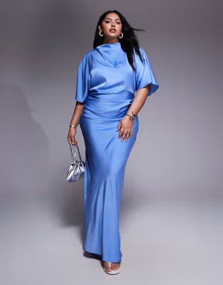 ASOS DESIGN Curve satin high neck blouson maxi dress with flutter sleeve in blue | ASOS | ASOS (Global)