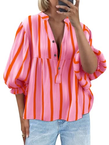 Tankaneo Womens Puff Sleeve Babydoll Tops Summer V Neck Striped Blouse Cute Casual Loose Fit Flowy Shirts Pink | Amazon (US)