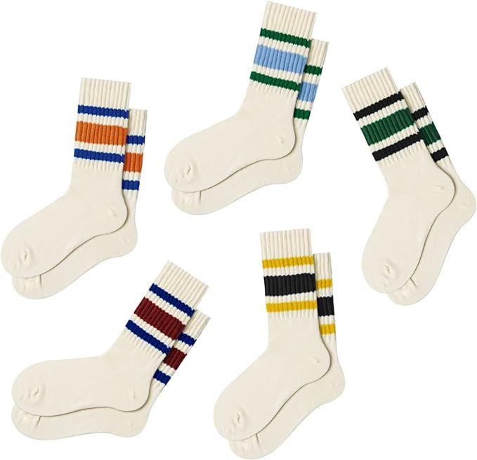4 PAIRS Novelty Socks For Women Striped Retro Crew Socks Sporty Calf Socks Casual Cotton Socks Wo... | Amazon (US)