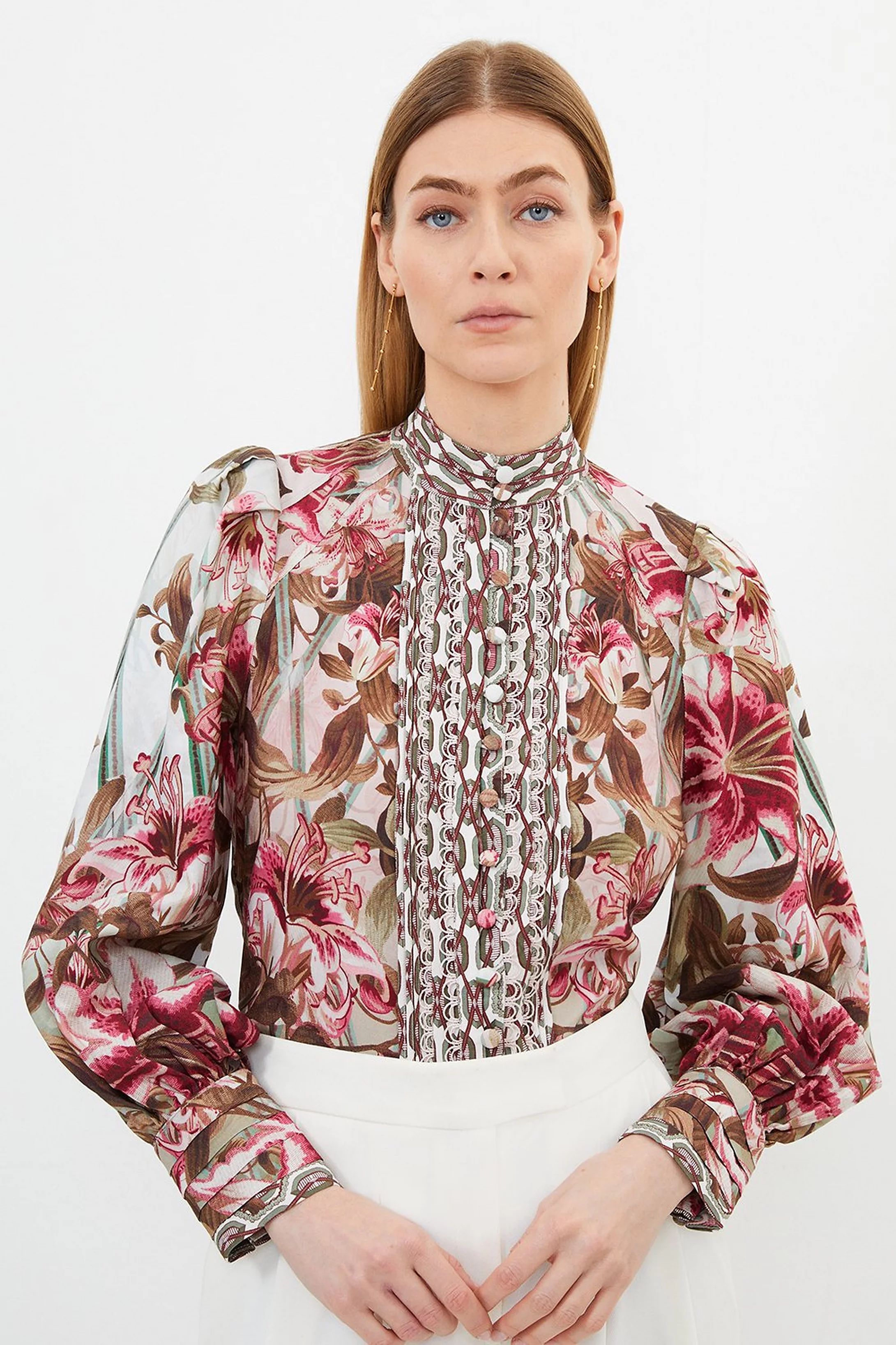 Linen Viscose Border Print Floral Woven Blouse | Karen Millen US