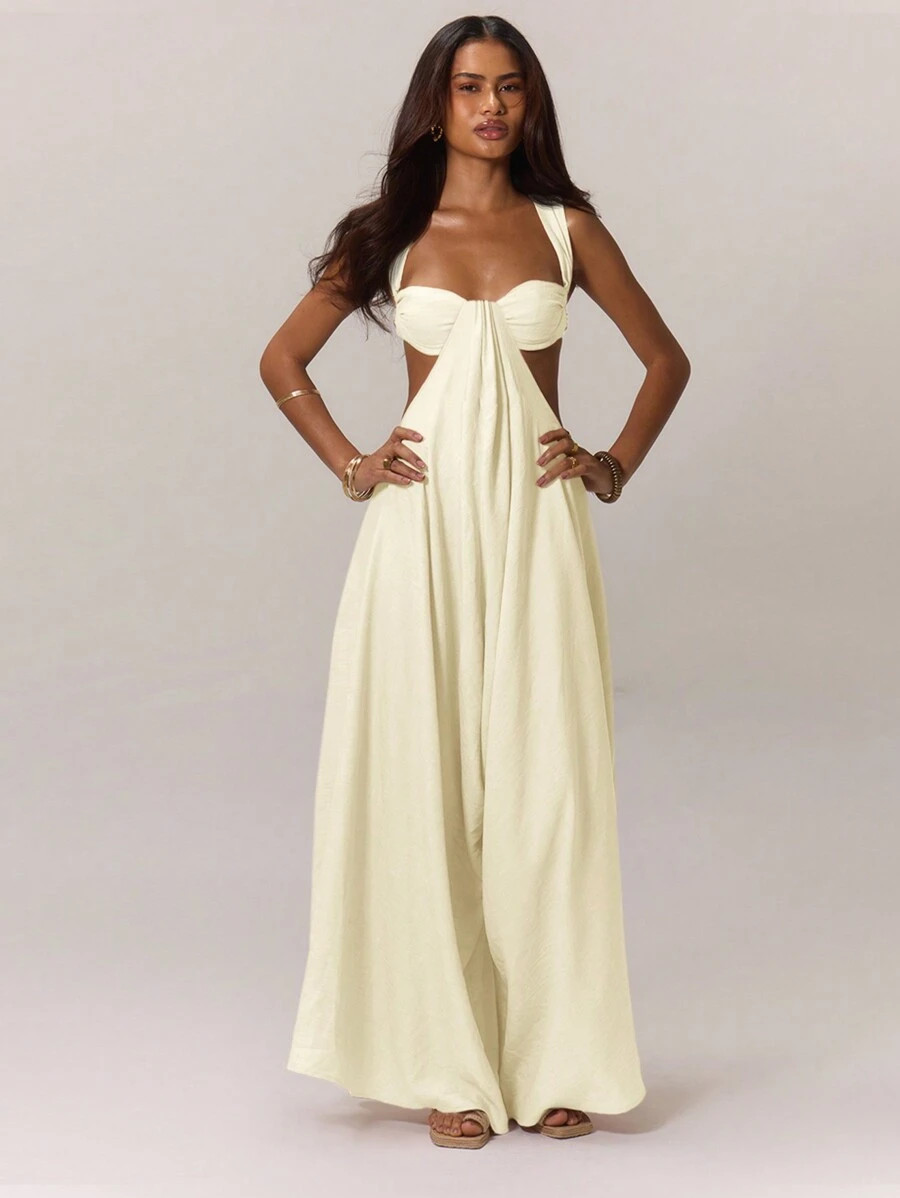 MUSERA Ruched Bust Extreme Wide Leg Jumpsuit Summer Vacation Boho Spring Summer Vacation Beachwea... | SHEIN