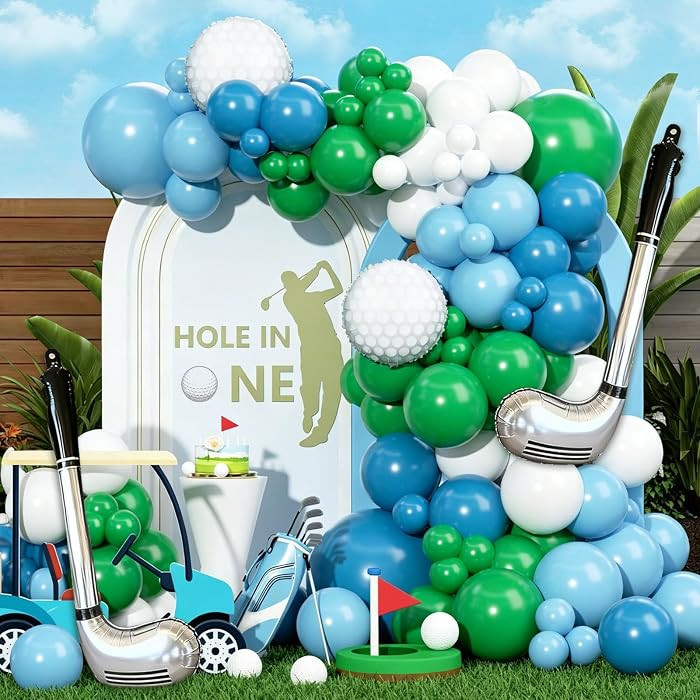 Hole in One Balloon Garland Arch Kit 132 Blue Green White Latex Balloons with Golf Cart and Ball ... | Amazon (US)