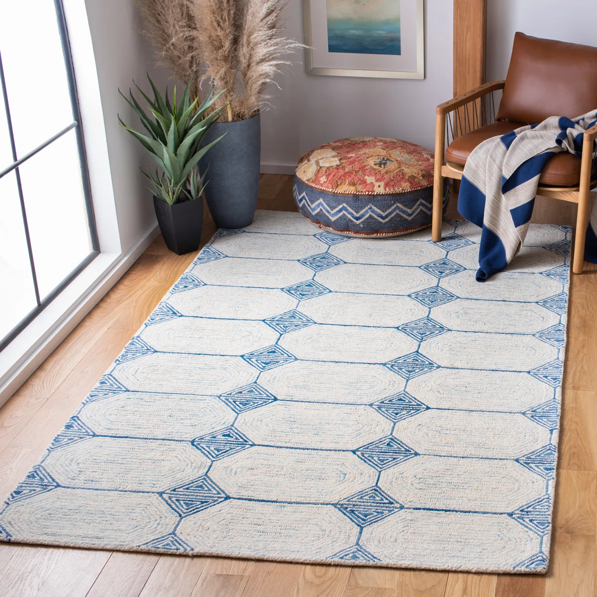 Kolb Hand Tufted Wool/Cotton Geometric Rug in Ivory/Blue | Wayfair North America