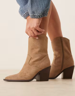ASOS DESIGN Wide Fit Remedy heeled western boots in taupe suedette | ASOS (Global)