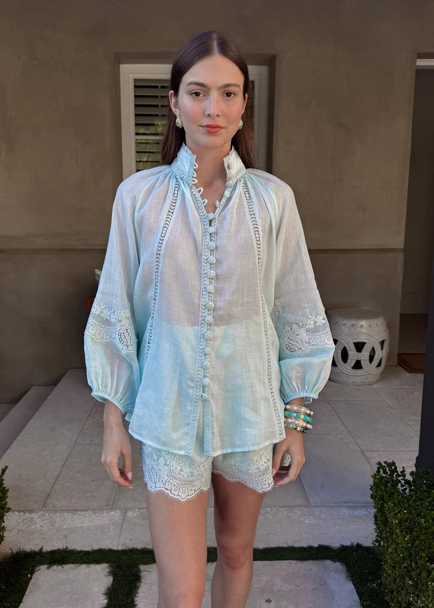 Lorna Sky Blue Linen and Lace Button Down Top | Benaar La