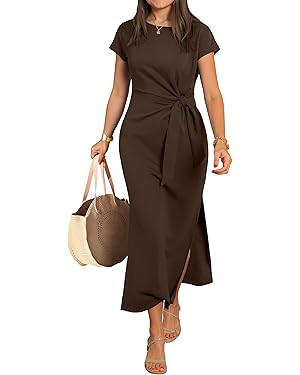 ANRABESS Womens Summer Maxi Dress Casual Crew Neck Tie Waist Split Wrinkle-Free Fit Long Fashion ... | Amazon (US)