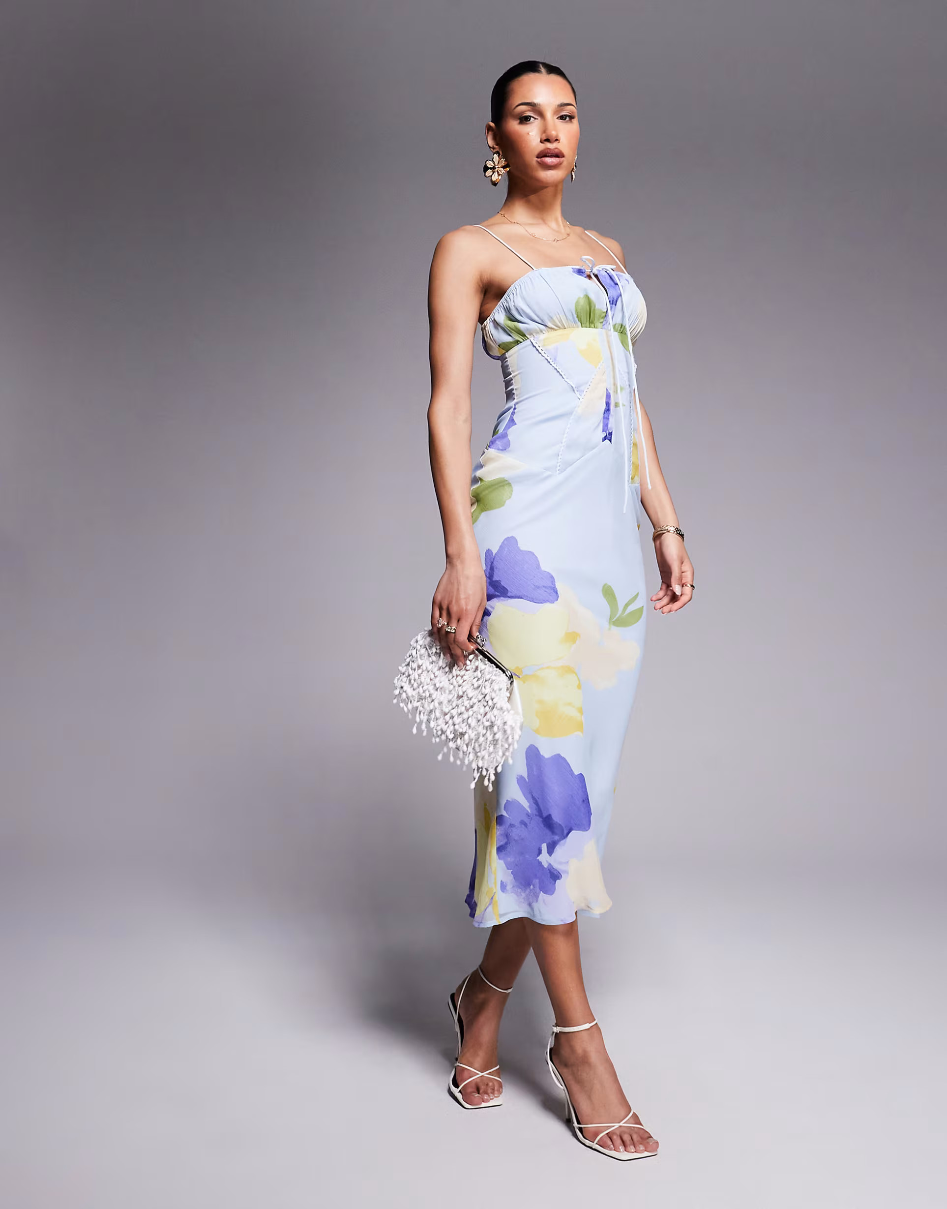 ASOS DESIGN bardot chiffon bias midi dress in lilac floral print | ASOS (Global)