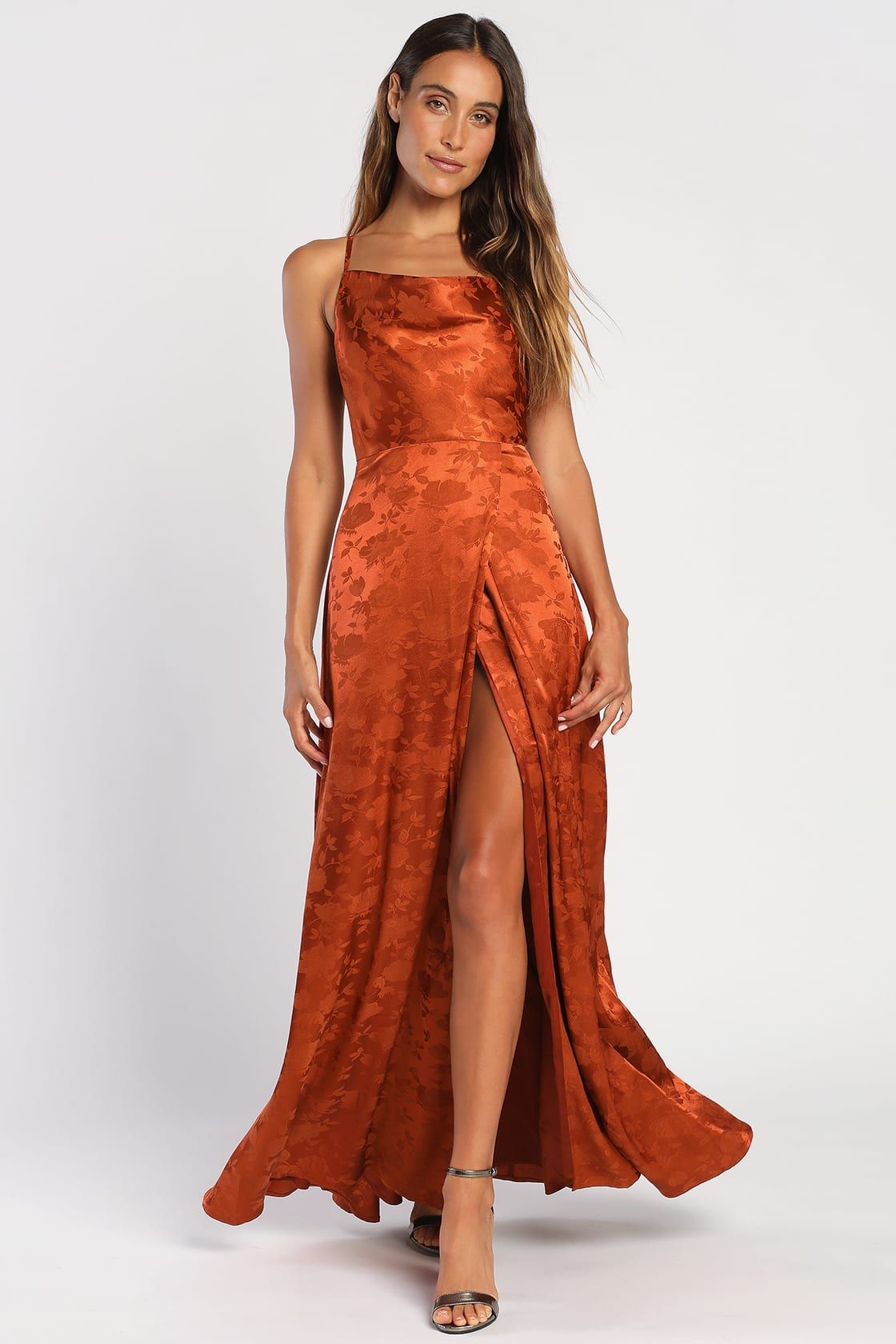 Simply Dreamy Rust Orange Satin Floral Jacquard Maxi Dress | Lulus (US)