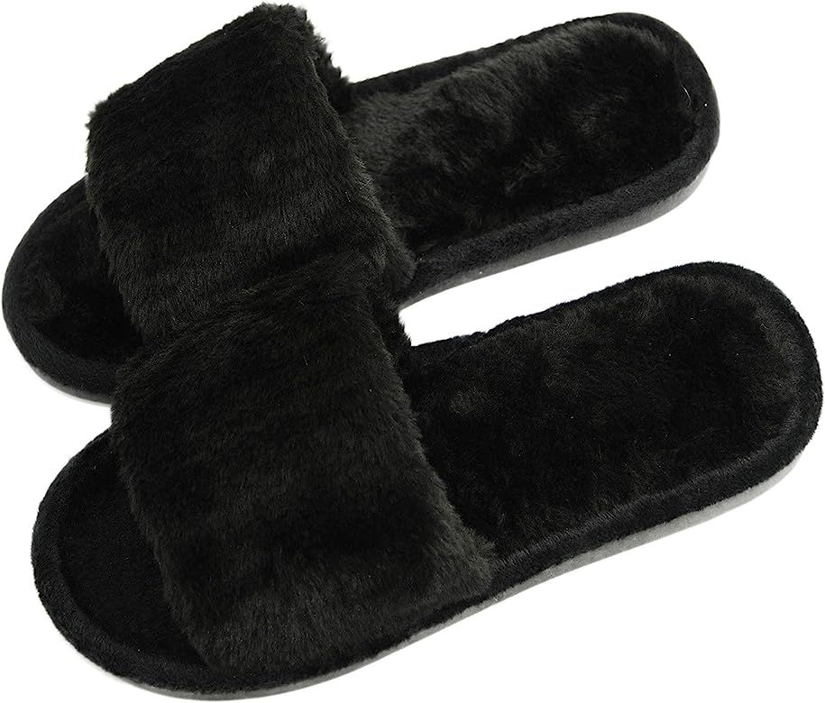 Women's Fuzzy Fluffy Furry Fur Slippers Flip Flop Open Toe Cozy House Sandals Slides Soft Flat Co... | Amazon (US)