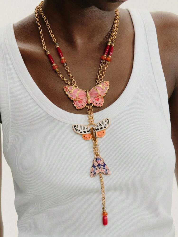 1pc Bohemian Exaggerated Alloy Drip Oil Colorful Insect Butterfly Pendant Y-Shaped Necklace For W... | SHEIN