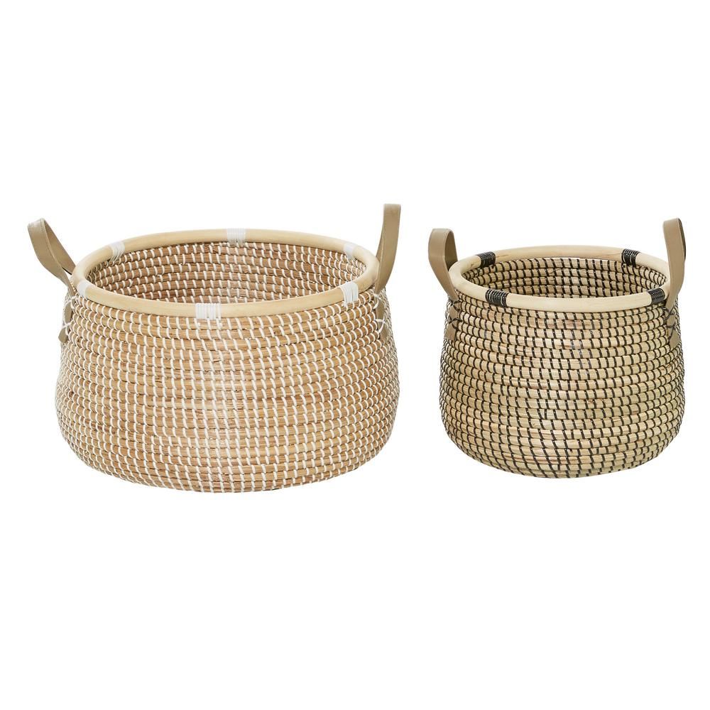 LITTON LANE Black And White Natural Woven Round Seagrass Baskets With Handles, Set Of 2: 13in, 18in, | The Home Depot