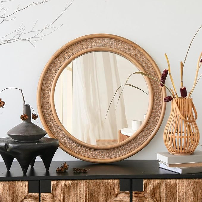 Micasso Round Rattan Wall Mirror: 30" Purely Handmade Wooden Frame Wicker Mirror - Rustic Shabby ... | Amazon (US)
