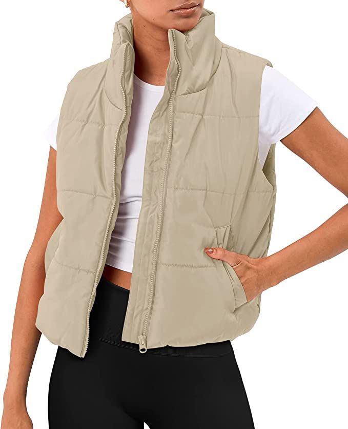 AUTOMET Puffer Vest Women Sleeveless Winter Cropped Outerwear Warm Puffer Lightweight Stand-up Co... | Amazon (US)