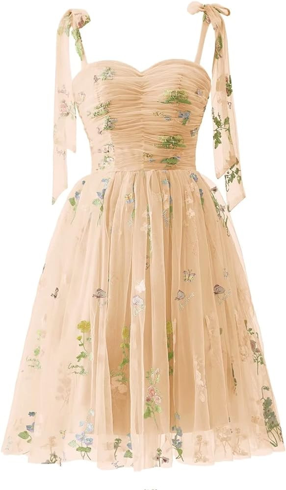 Puffy Sleeve Prom Dresses Flower Embroidery Tulle Backless A-line Lace Formal Evening Party Gown ... | Amazon (US)