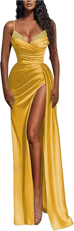 Spaghetti Straps Mermaid Satin Prom Dresses 2023 Long Slit Beaded Evening Party Ball Gowns for Wo... | Amazon (US)