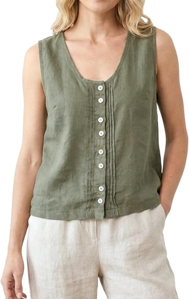 Amazhiyu Womens 100% Linen Sleeveless Button Pleated Tank Tops | Amazon (US)
