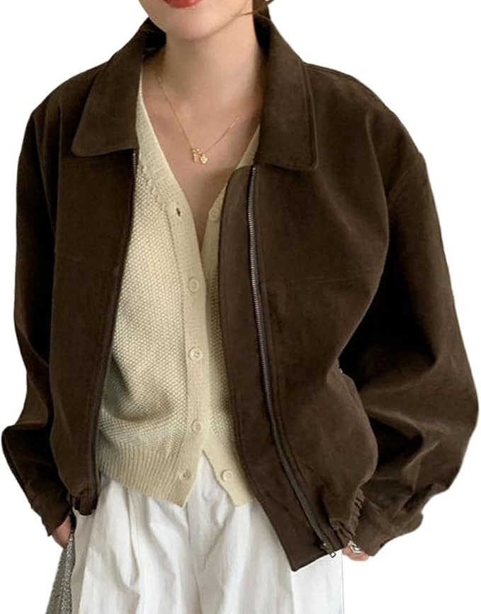 LAPRBY Suede Jacket Y2k Outerwear Women Faux Leather Cropped Brown Fall Jackets Fashion 2024 Tren... | Amazon (US)