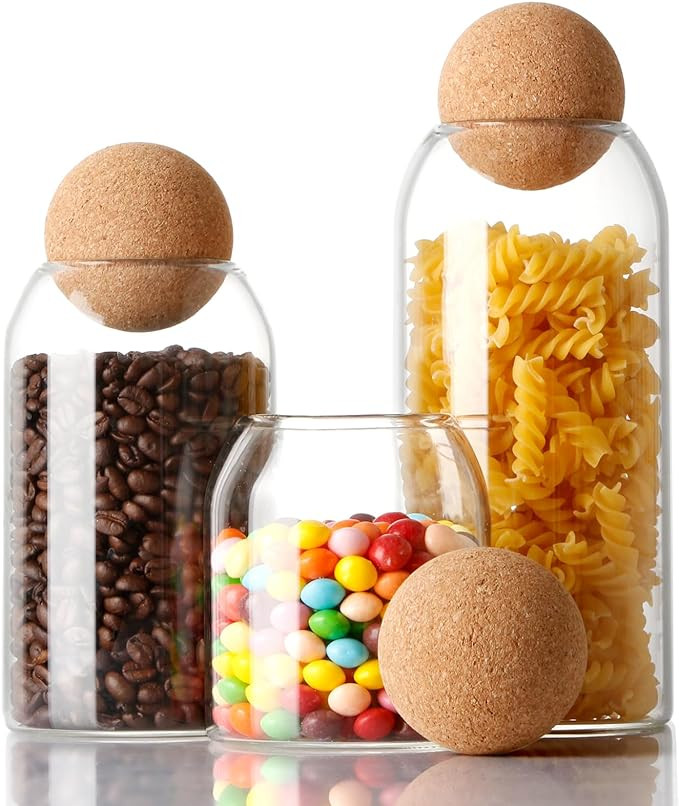NUTRIUPS Storage Glass Jar with Ball Cork Lid, 3Pcs Glass Canisters with Cork Ball, Cute Decorati... | Amazon (US)