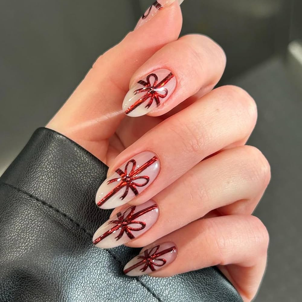 Christmas Press on Nails Medium Almond Fake Nails Xmas Bow Nails Design Full Cover False Nails wi... | Amazon (US)