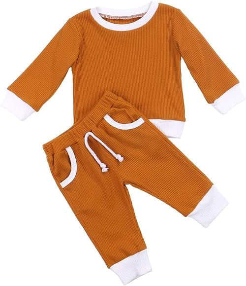 Unisex Baby Boy Girl Ribbed Knit Outfits Long Sleeve Shirts Pullover & Pants Solid Pajamas Fall C... | Amazon (US)