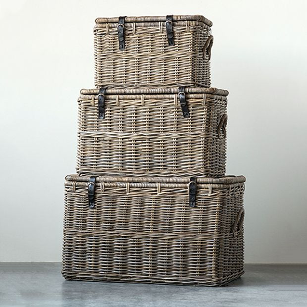 Lidded Rattan Storage Baskets Set of 3 | Antique Farm House