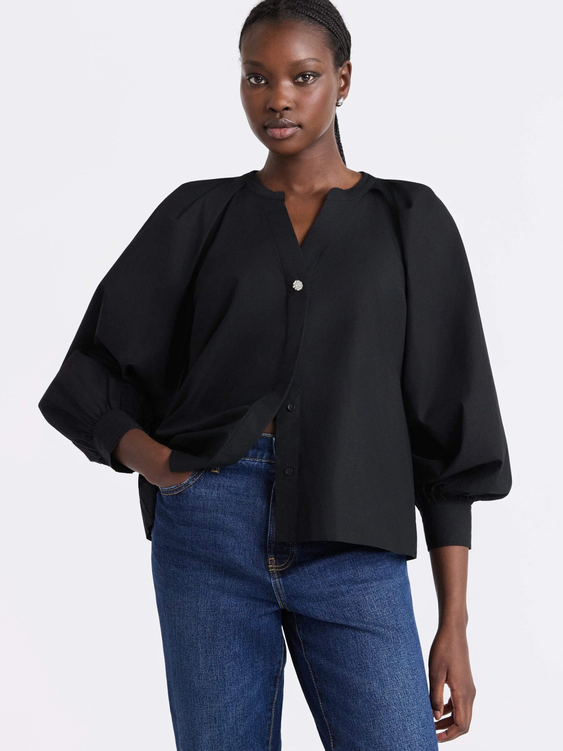 Free Assembly Women's and Women's Plus Cotton Pleat Neck Shirt with Long Sleeves, Sizes XS-4X - W... | Walmart (US)
