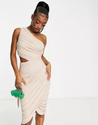 Rare London ruched one shoulder dress with cut out in pink | ASOS (Global)