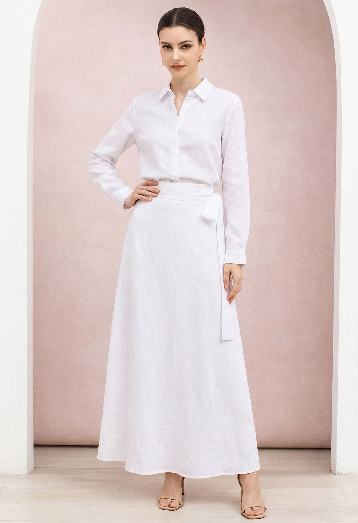 Solid Color Linen-Blend Shirt and Wrap Maxi Skirt Set in White for City Strolls & Seaside Dinners | Chicwish