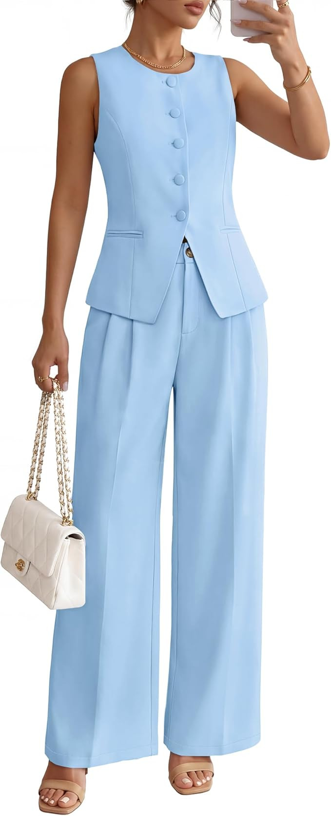 ZESICA Women's Summer 2 Piece Suit Sets 2026 Sleeveless Blazer Vest Wide Leg Pants Business Casua... | Amazon (US)