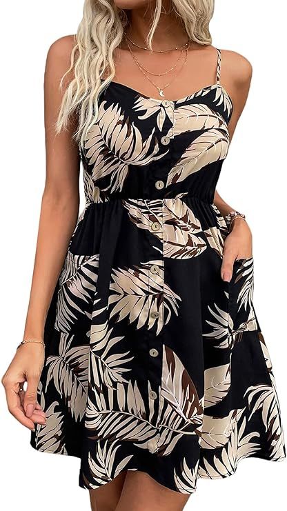 SheIn Women's Summer Floral Wrap Dresses Tropical Print Fake Button Shirred Back Cami Dress | Amazon (US)