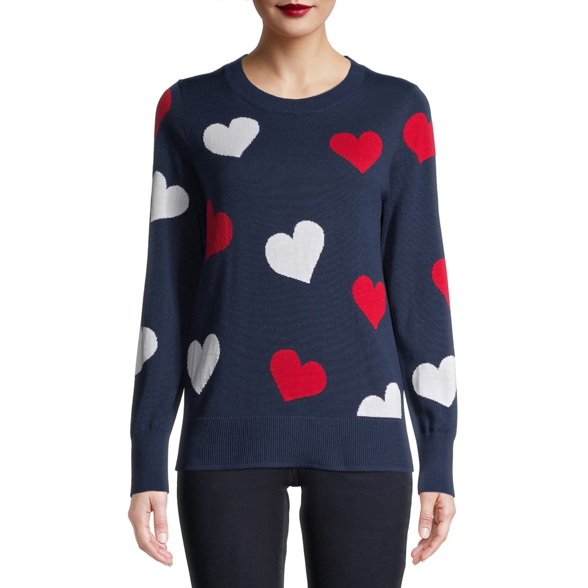 Time and Tru Women's All Over Hearts Sweater | Walmart (US)