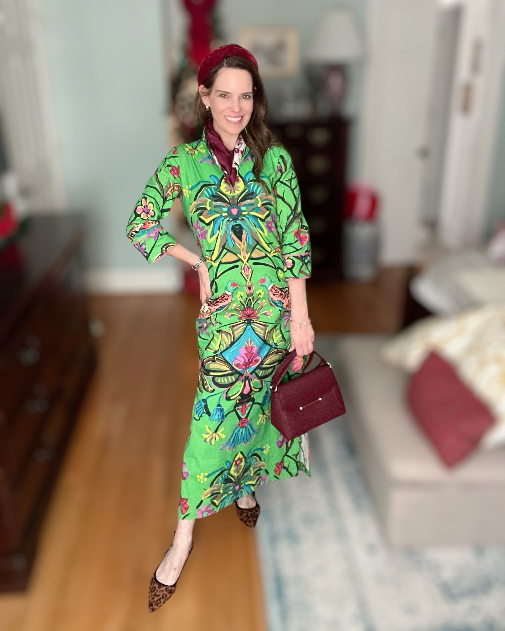 Bold Holiday Color 🎄💚✨

Bringing all the joyful color into winter with this stunning Bird & Tassel maxi — the print is absolutely breathtaking and makes such a statement for holiday parties, festive girls’ nights, or dressed-up family gatherings. I layered in rich burgundy accents to ground the bright green: a velvet knot headband, a silk neck scarf, and the prettiest structured crossbody bag. Leopard heels add that little touch of pattern-mixing that ties everything together. This look is vibrant, unexpected, and such a fun way to dress up for the season. 💗💚

holiday maxi dress • bold holiday outfit • colorful winter style • bird & tassel dress • velvet headband • burgundy accessories • printed maxi dress • holiday party outfit ideas • statement dress look • festive fashion inspo • winter event outfit • classic gold hoops • timeless accessories

#LTKFindsUnder50 #LTKFindsUnder100 #LTKHoliday