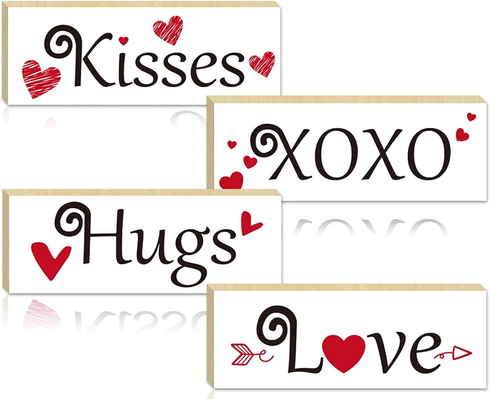 4Pcs Valentine's Day Decorations, Hugs Kisses Valentines Wooden Sign Gift Tabletop Centerpiece, V... | Amazon (US)