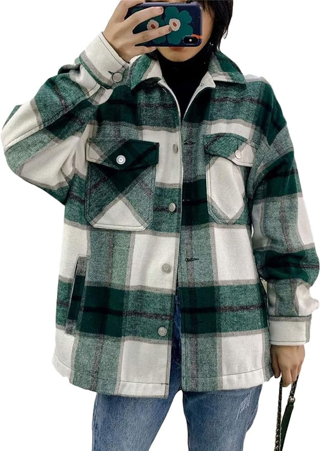 Tanming Womens Brushed Flannel Plaid Lapel Button Short Pocketed Shacket Shirts Coats | Amazon (US)
