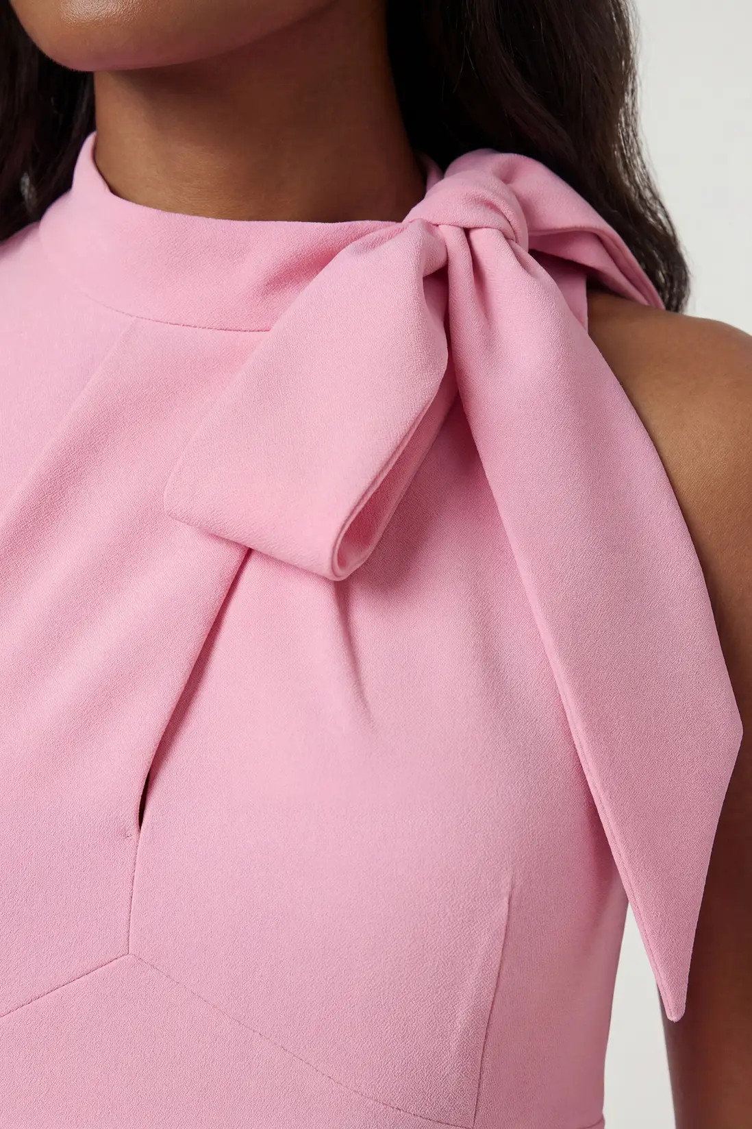 Bright Pink Compact Stretch Bow Tie Neck Full Skirted Midi Dress | Karen Millen | Karen Millen