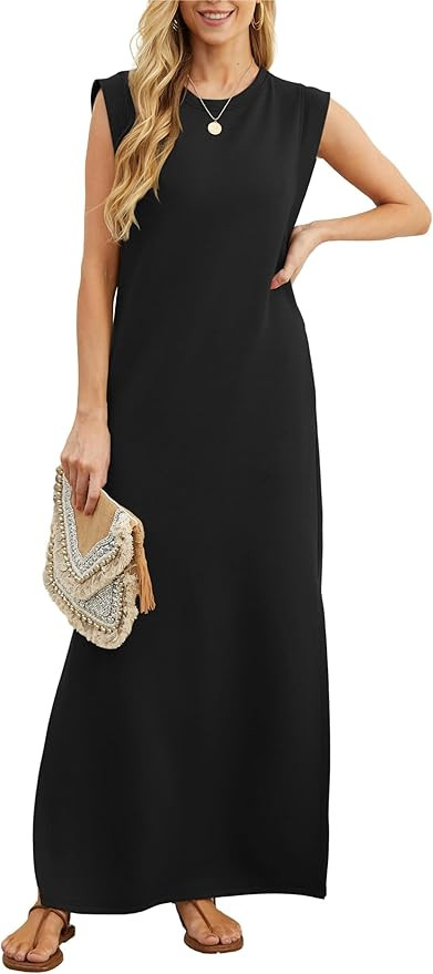 GRECERELLE 2024 Women Summer Crew Neck Casual Loose Split Wrinkle-Free Long Maxi Beach Dress with... | Amazon (US)