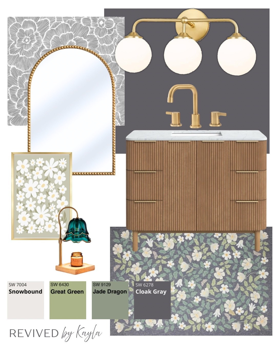 Dark grey and green floral themed bathroom design with gold accents ✨ Paint colors from Sherwin Williams, decor from Amazon, rug from Wayfair, Vanity from Joss & Main 

#homedecor #homedesign #bathroomdecor #colorpalette #bathroomdesign #homeinspo #inspiration bathroom vanity, gold bathroom light, gold faucet, flower rug, green decor 

#LTKHome #LTKFindsUnder50 #LTKFindsUnder100
