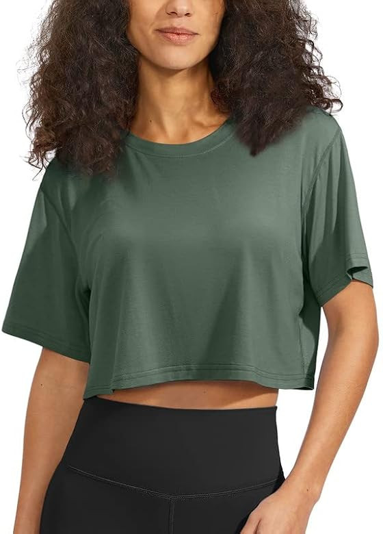 SANTINY Women's Workout Crop Tops Short Sleeve Loose Fit Cropped T-Shirt Gym Athletic Yoga Shirts... | Amazon (US)